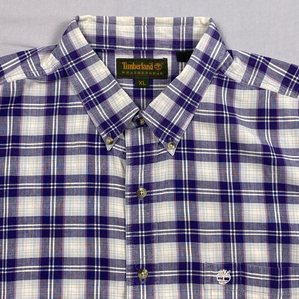 Timberland Weathergear Plaid Button Down Shirt Mens XL Purple White Work SS